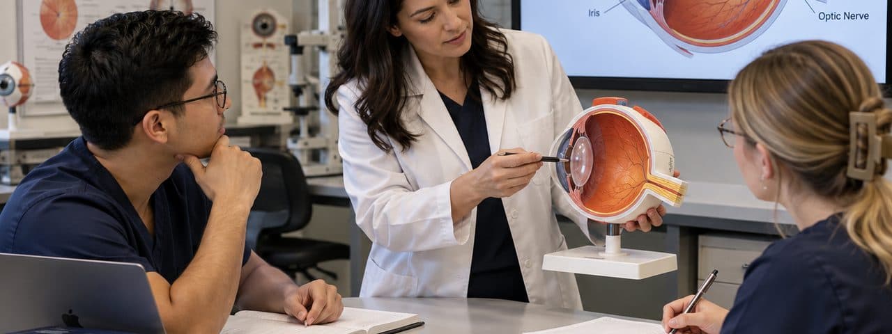 Optometry educator teaching ocular anatomy with a model eye