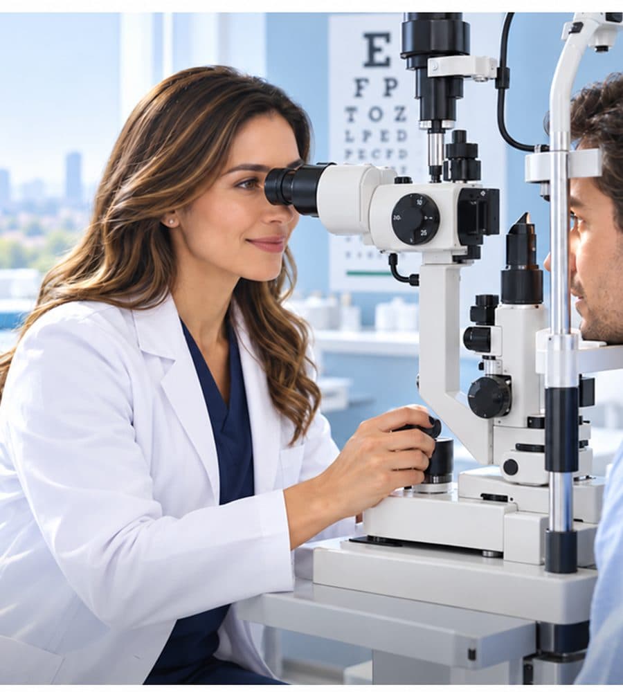 Optometrist performing a slit-lamp eye examination