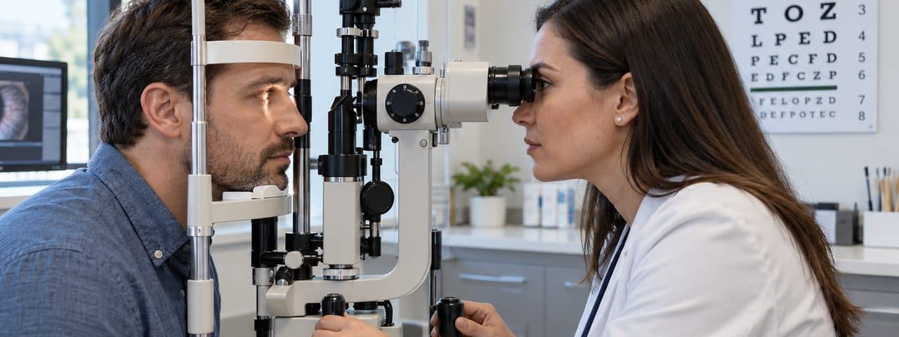 Optometrist performing a slit-lamp eye examination