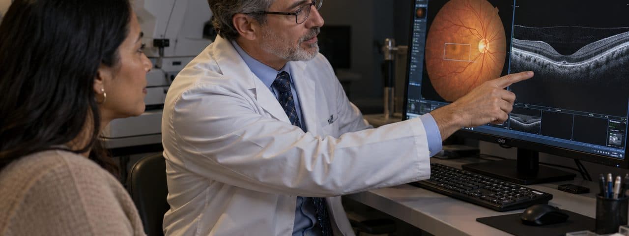 Optometrist reviewing a retinal scan with a patient